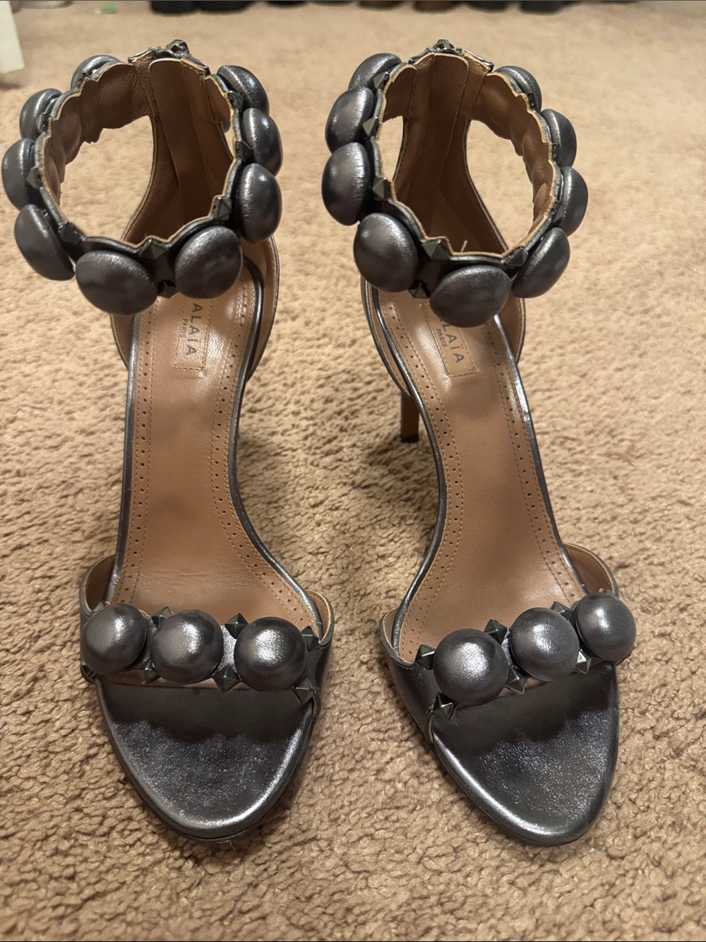 Alaia Metallic Silver Sculpted-Ball Ankle-Strap Heels